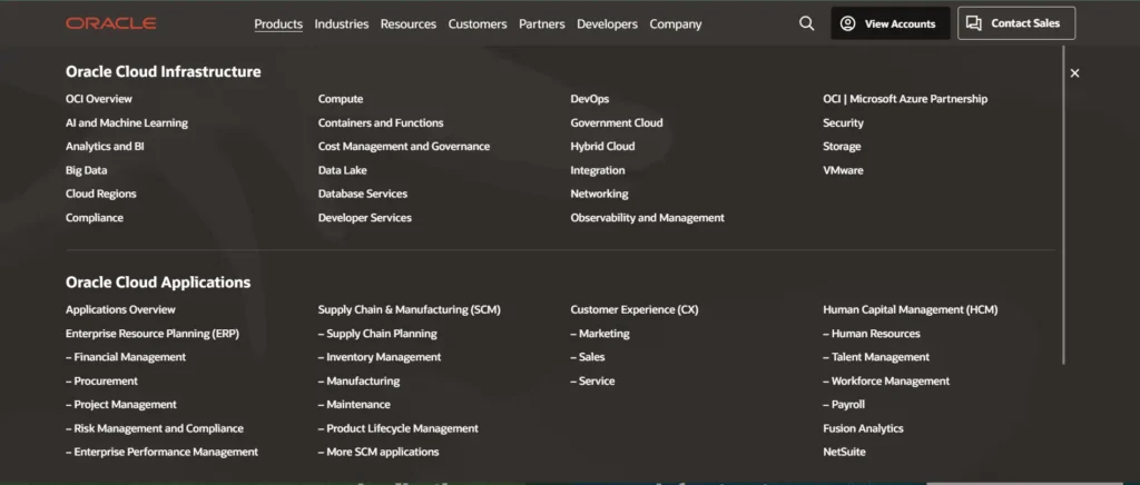 Example of a well structured navigation - Oracle